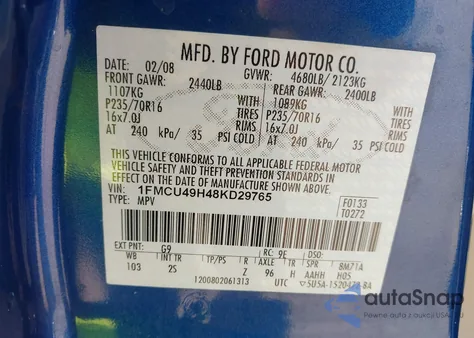 2008 Ford Escape Hybrid z USA, uszkodzony, nr VIN 1FMCU49H48KD29765